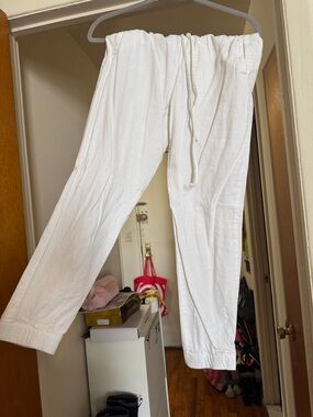 White Drawstring Linen-Blend Jogger Pants
